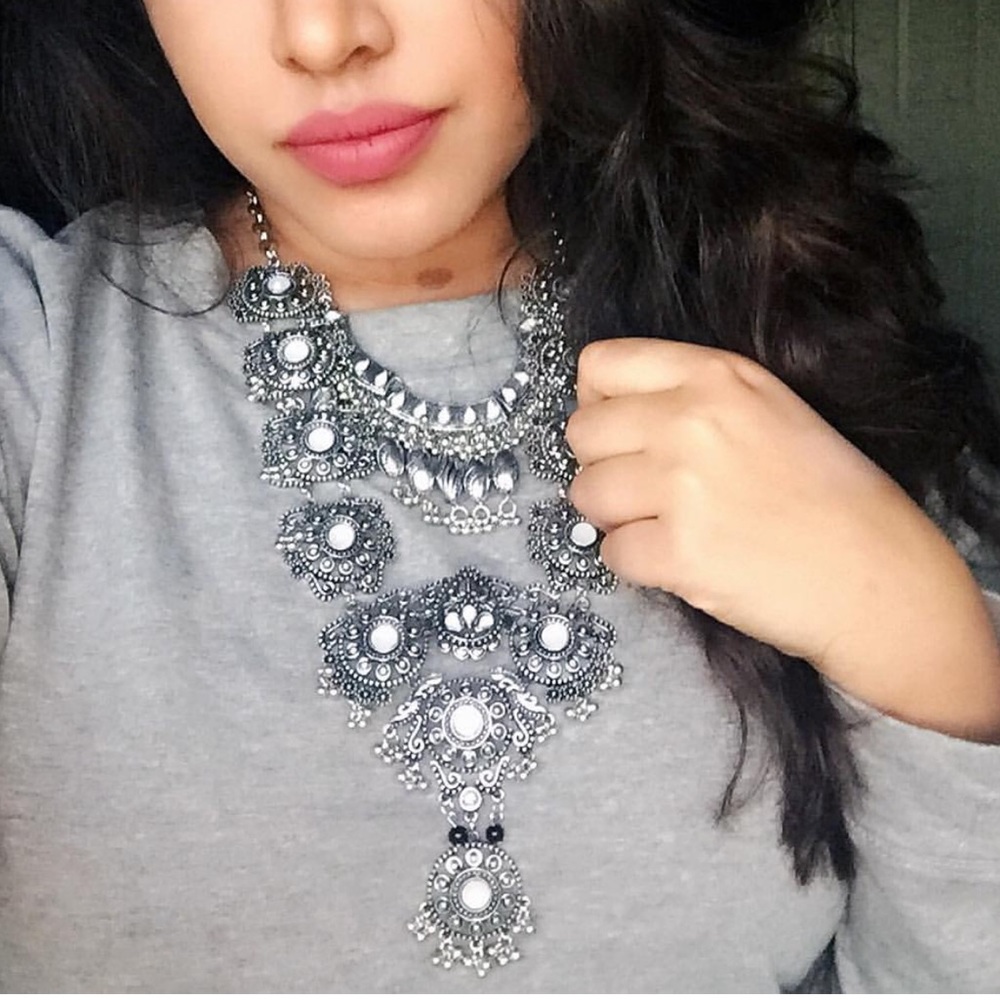 Boho Antique Silver Bib Necklace w/ detail stones